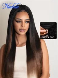 Nadula Hair EasiContour ™ Glueless Wig V Part Yaki Straight Chestnut Brown Ombre Color Lightweight Human Hair V Part Wigs