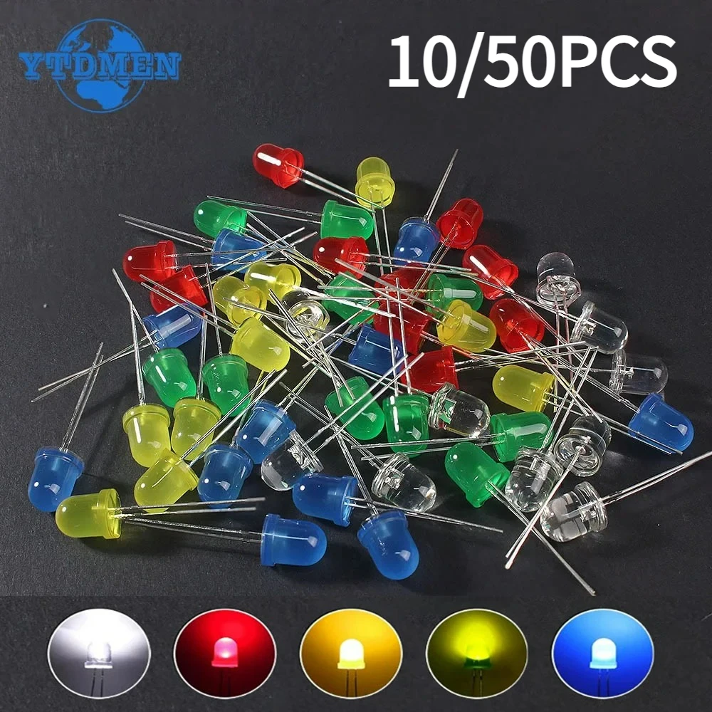10/50 Stück F8 8 mm LED-Leuchten, 5 Farben, superhelles Leucht-LED-Dioden-Set, Rot, Weiß, Grün, Blau, Gelb