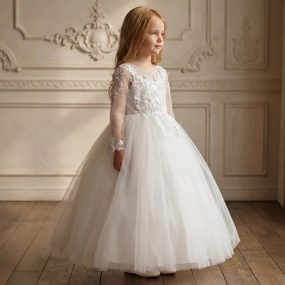 Flower Girl Dresses for Wedding Lace Long Sleeve Tulle Ball Gown for Girls Formal Pageant Princess Dress for Birthday Party Gown