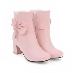 Pink White Black Chunky Heel Girls Lolita Shoes Butterfly-knot Women Winter Ankle Boots Ladies High Heels Boots Plus Size 32-43