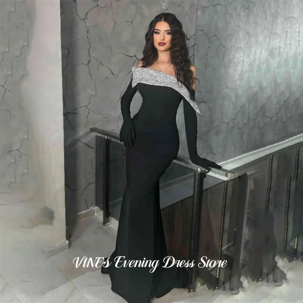 

VINES Black Party Dress with Sparkling Silver Sequin فساتين السهرة Mermaid Satin Night Dress for Woman Customized