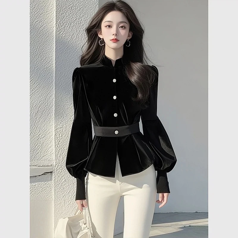 

Korean 2025 New Black Velvet Top Women's Spring Niche Design Sense Chic Elegant Casual Waist Shirt Solid Blouse Ladies Tops