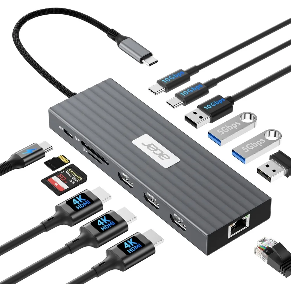 Docking Station for Laptop with 3 Monitors, 4K HDMI, Ethernet, Data Transfer, Power Delivery, SD/TF Card Readers