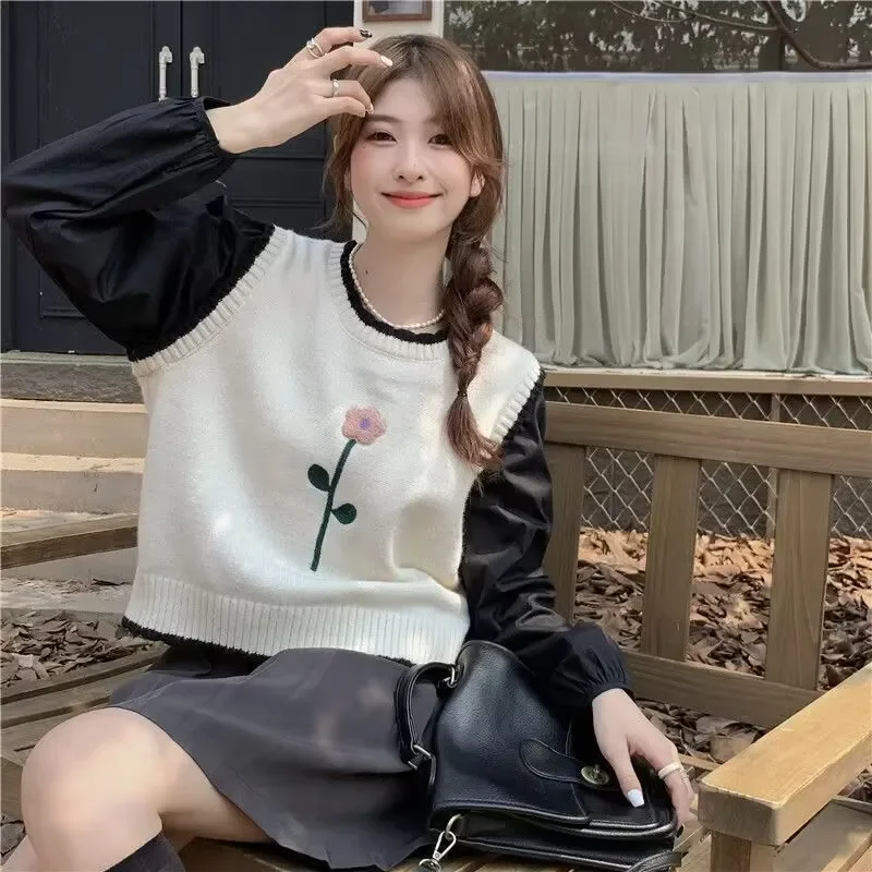 

Fake Two-piece Chic Sweater Spring and Autumn New Style Loose Round Neck Stitching Contrasting Color Knitted Top