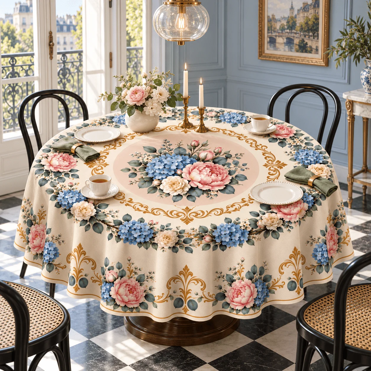 1 rectangular tablecloth, elegant blue hydrangea polyester tablecloth suitable for restaurants, kitchens and weddings