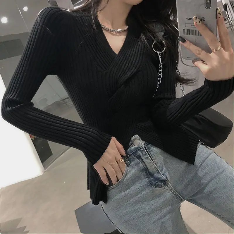 Women\'s Autumn Winter Fashion Elegant Solid V-Neck Screw Thread Cross Casual Versatile Long Sleeve Slim Fit Sweater Knit Tops