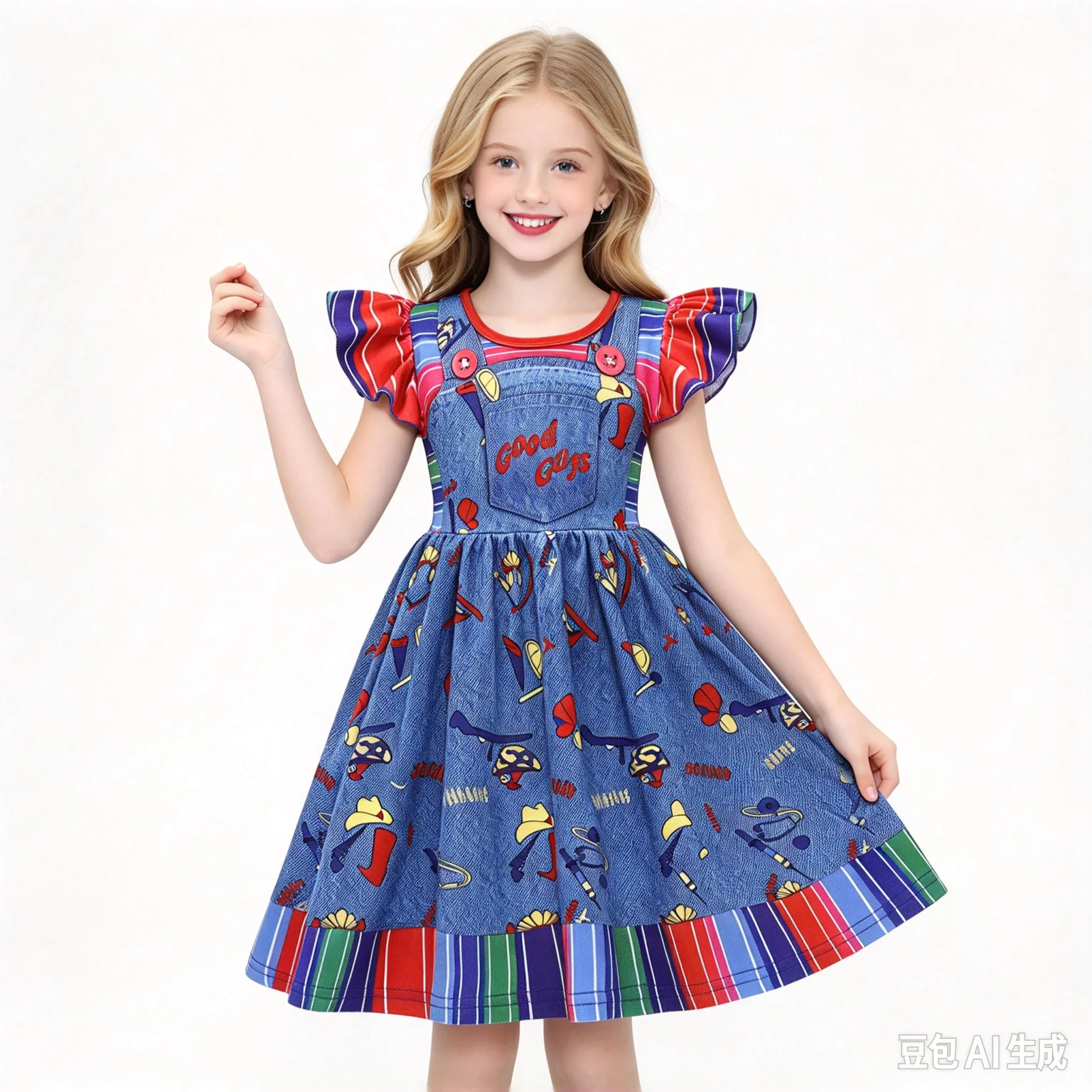 Girls Cartoon Print A-line Midi Dress for Kids Flutter Flying Sleeve Twirl Dress Halloween Cosplay Party Fancy Dress Up Costume
