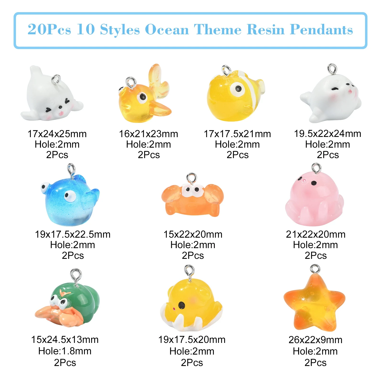 PandaHall PandaHall 20Pcs 10 Styles Ocean Resin Charms Sea Animal Charms Summer Fish Seahorse Crab Charms for Jewelry Making DIY