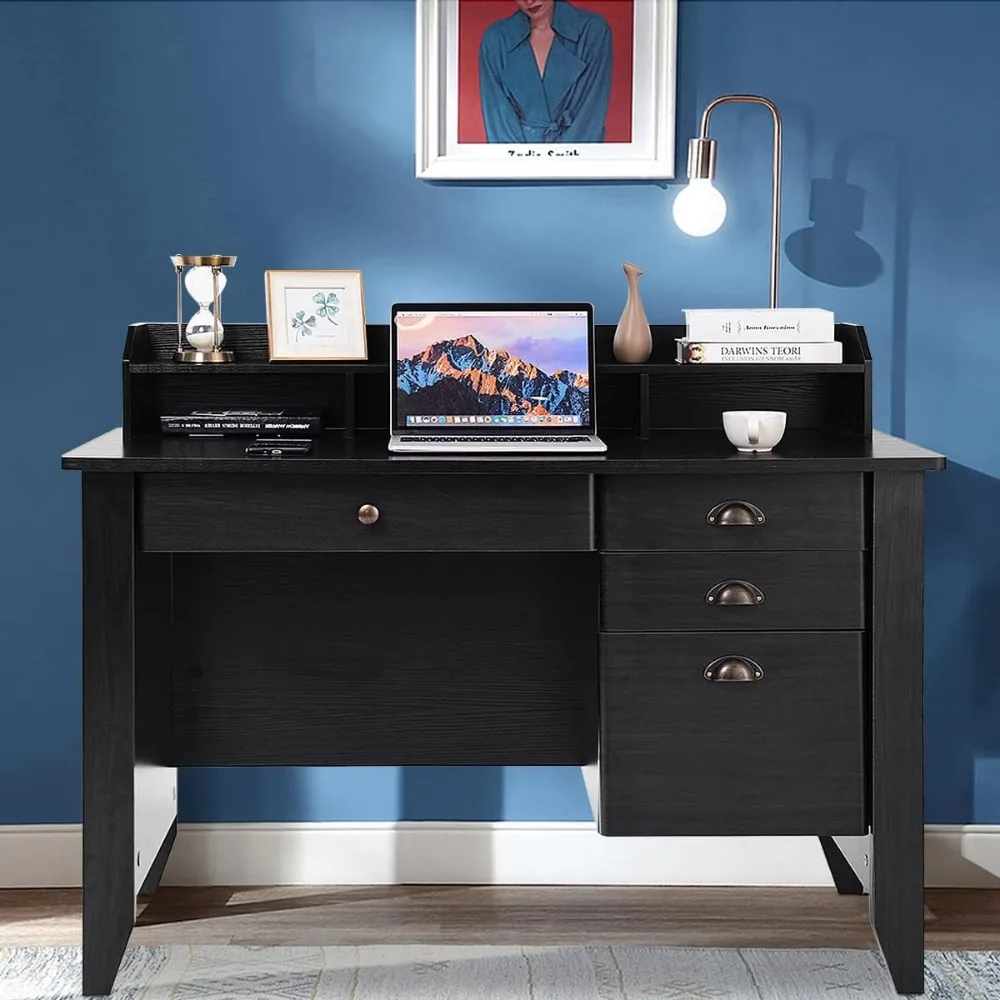 

Vintage Computer Desk with Drawers, Modern Work Desk with Hutch, 3 Storage Drawers and 1 File Drawer, Wood Corner Home Office
