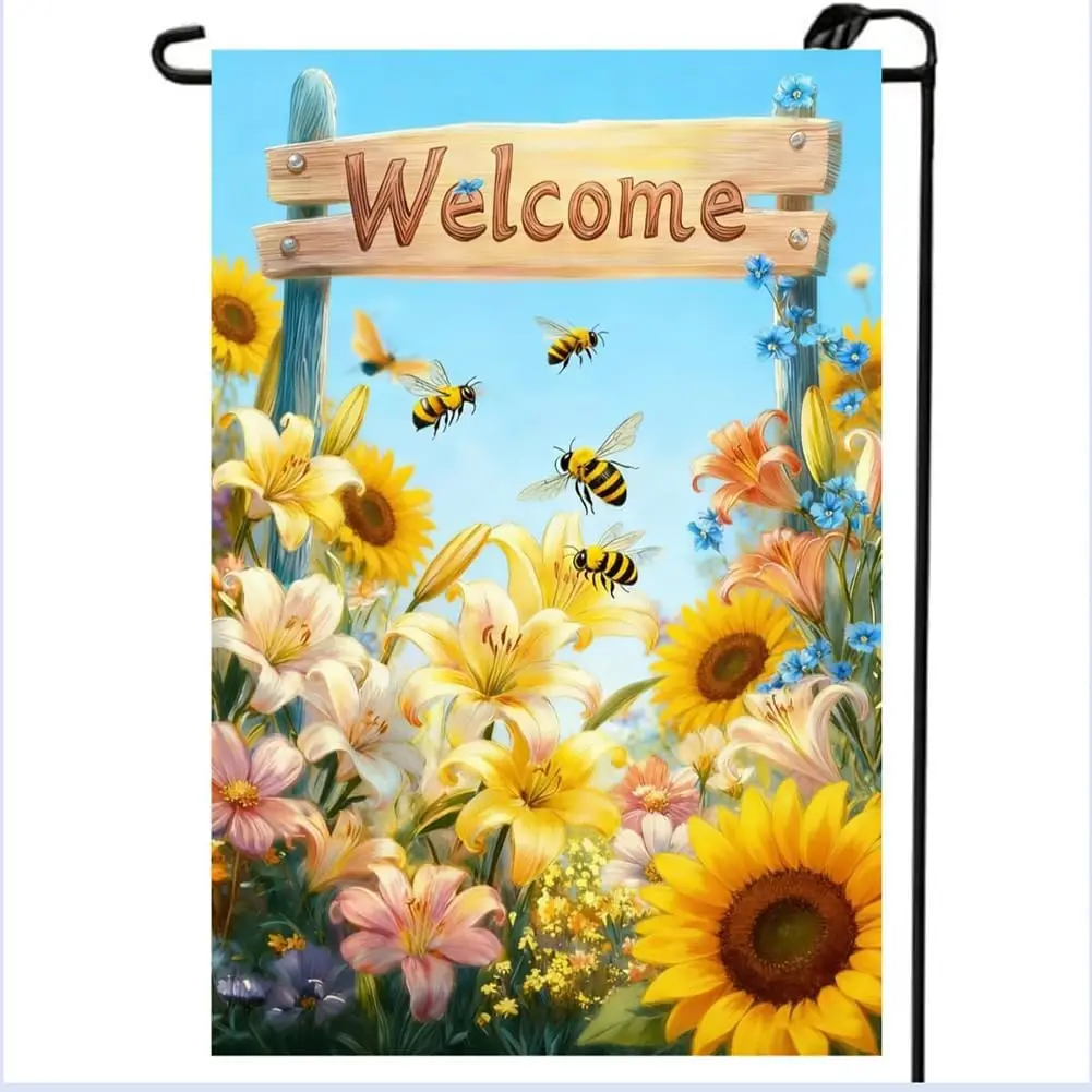 Spring Summer Sunflower Bee Garden Flag 12x18 Double Sided, Small Burlap Seasonal Farmyard Flowers Yard Lawn Porch Flags Sum ZZM