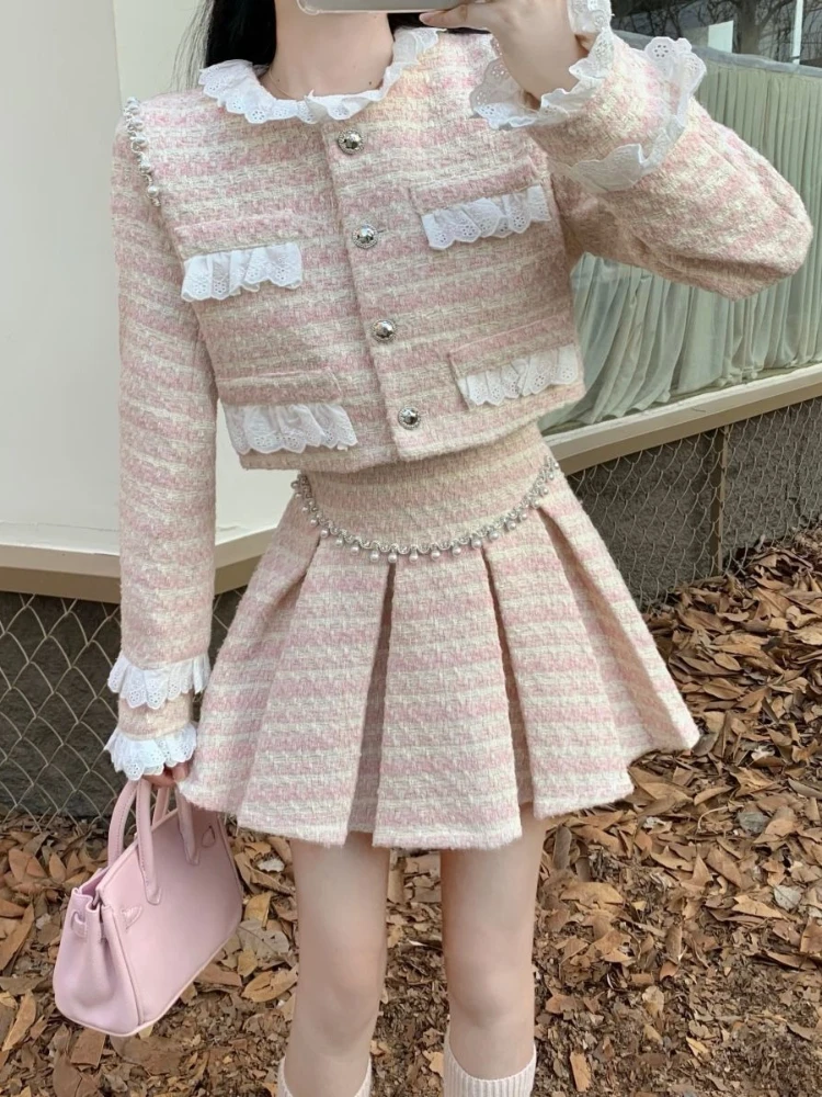 

Женские милые кружевные лоскутные шерстяные твидовые куртки + элегантные плиссированные мини-юбки с жемчугом, осенне-зимний розовый комплект из двух предметов