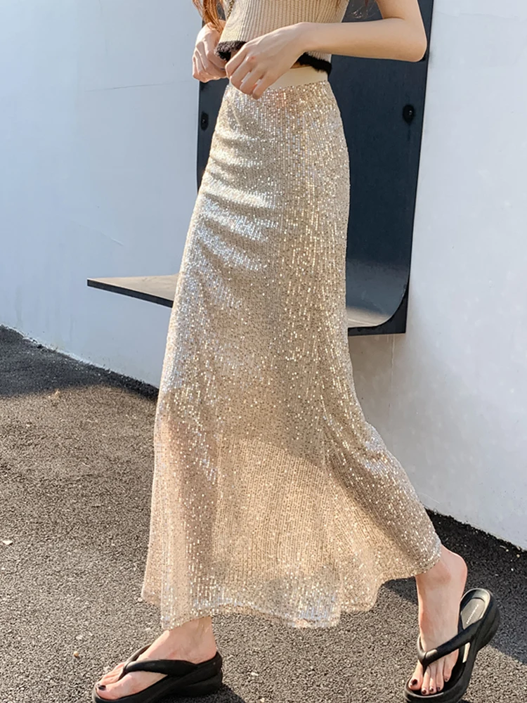 

Fashion Shiny Sequins Women Skirts Elastic High Waist Slim Mermaid Skirt Spring Summer A-Line Wrap Hip Skirt