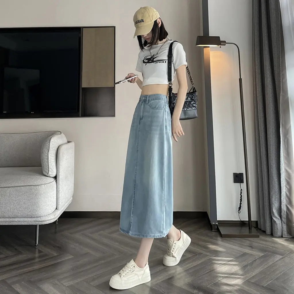 

Women's Tencel Soft Denim Skirt High Waist Dipped Split Ice Silk A-Line Trendy Mid-Length for Small Hip Summer Fashion