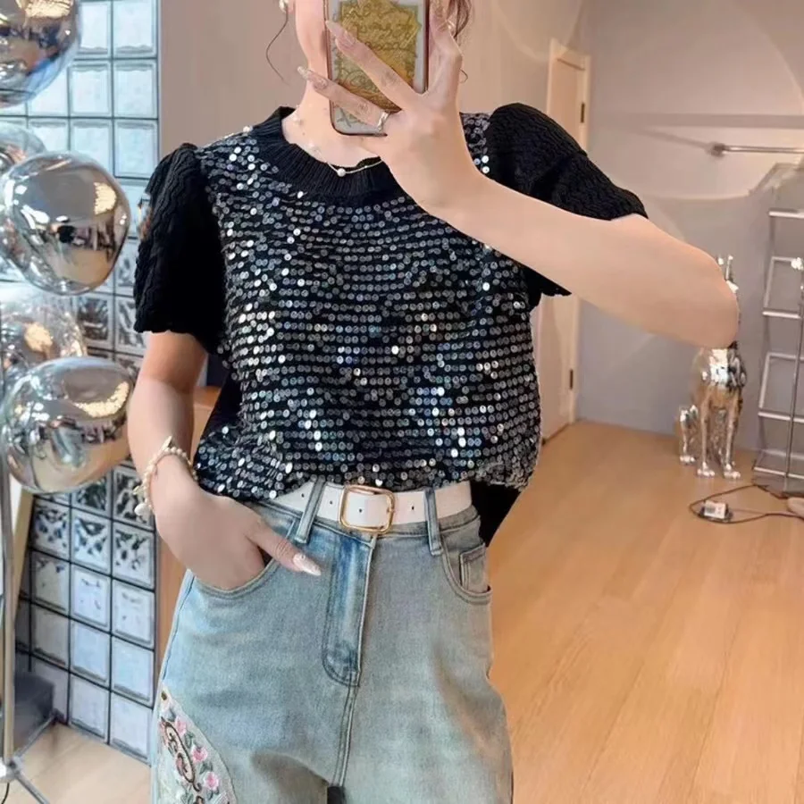 High Streetwear Blingbling Sequined Short Cropped Sweaters For Women Summer Knitwear Pullovers Tops Korean Popular Clothes