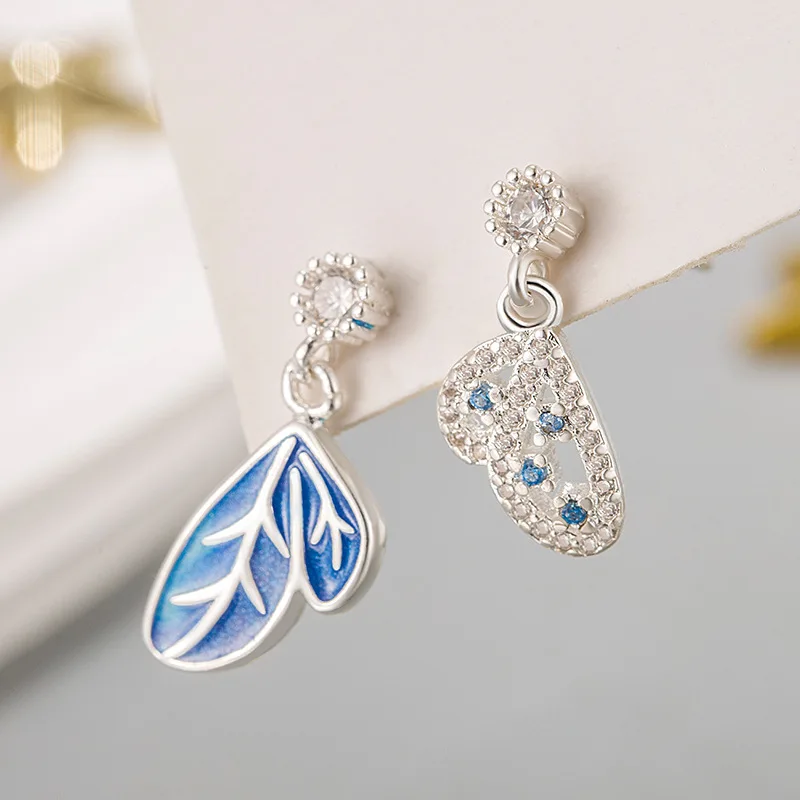 KOFSAC Exquisite Blue Butterfly Wing Earrings For Women Fashion 925 Sterling Silver Jewelry Asymmetry Zircon Earring