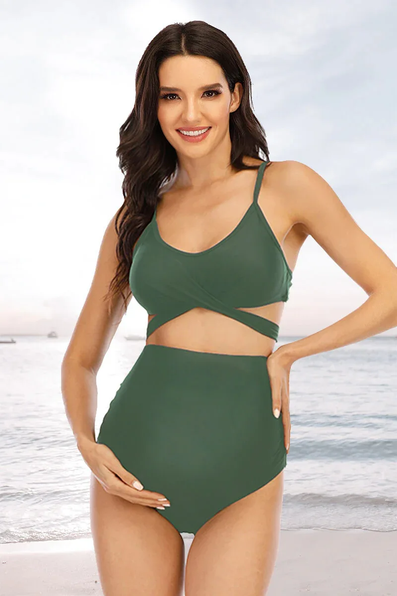 

Pregnant Women's Suspender Split Body Swimsuit Casual V-neck Solid Color High Waist Belly Covering Hot Spring Swimsuit