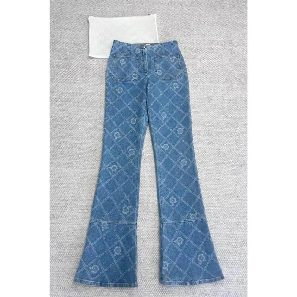 Slimming Small Size Dingji Tea Flower Wide Fragrance Style Women's Jeans High Waist Medium Stretch Fabric New Early Spring