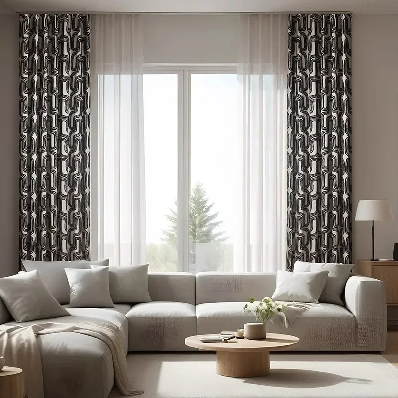 Black And White Flocking Thickened Jacquard Chenille Curtains For Living Room Bedroom French Window Balcony Window Customized