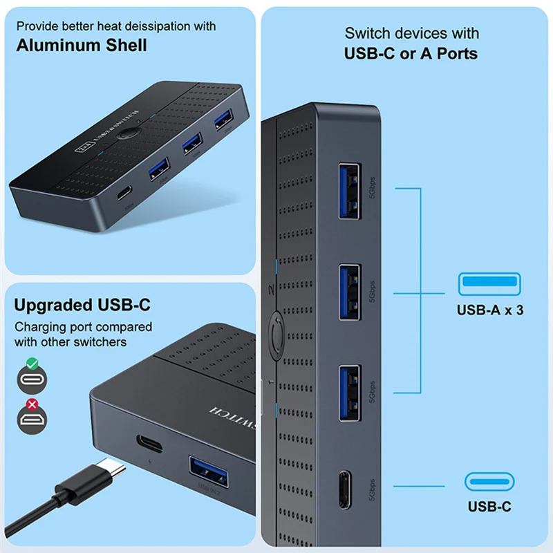 SA20 USB 3.0 Switch 7 Ports Type C HUB Controller Extend Cable Sharing 2 Computer 1 Mouse Keyboard Printer USB Disk