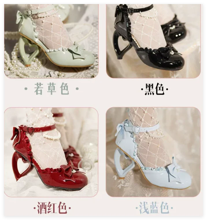 Japanese Elegant Sweet Love Heel Lace Bow Pearl Black Shoes Girl 2026 Summer New Round Head Lolita Shoes High Heel Sandals Women