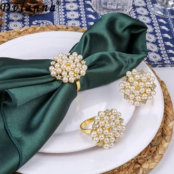 6Pcs Rhinestone Pearl Napkin Rings Gold Napkin Ring Holders for Christmas Wedding Party Formal or Casual Dinning Table Decor