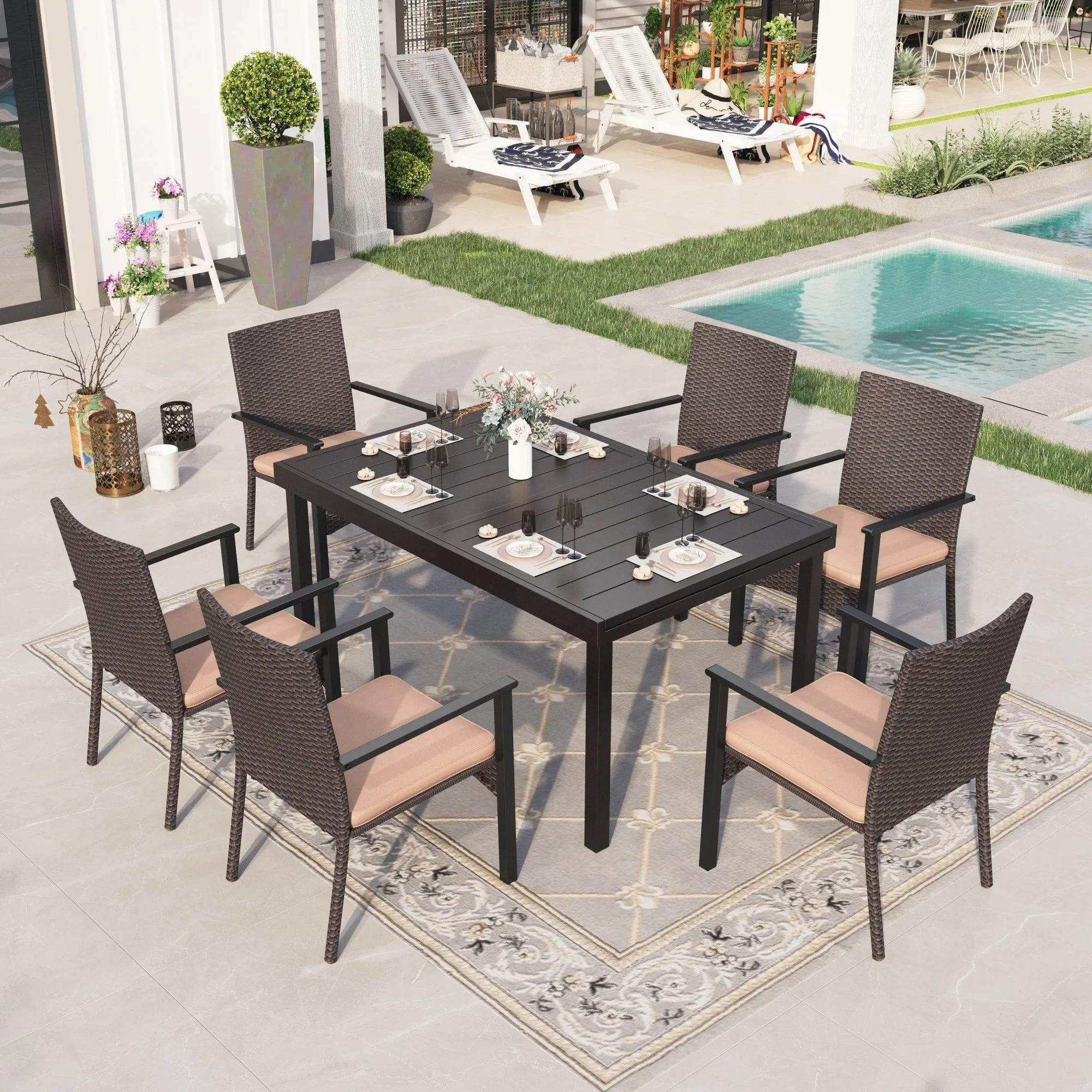 Rectangular Restaurant Table And Rattan Chairs Garden Expandable Dining Table With Chairs Patio Furniture Outdoor Dining Set