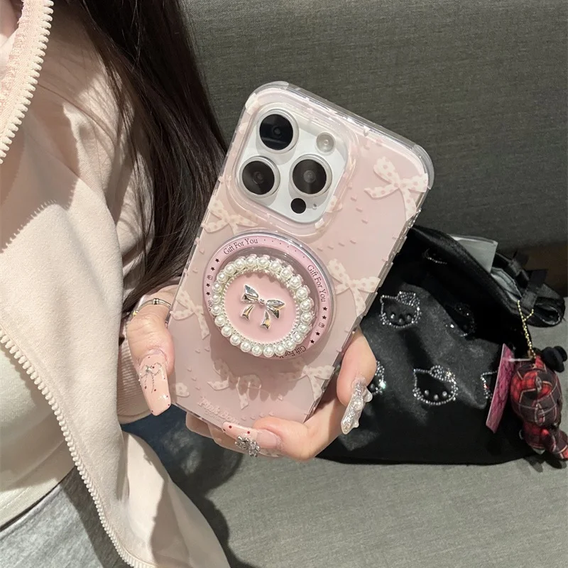 Side heart-shaped diamond grid bow magnetic bracket phone case For iPhone 12 13 14 15 16 pro max