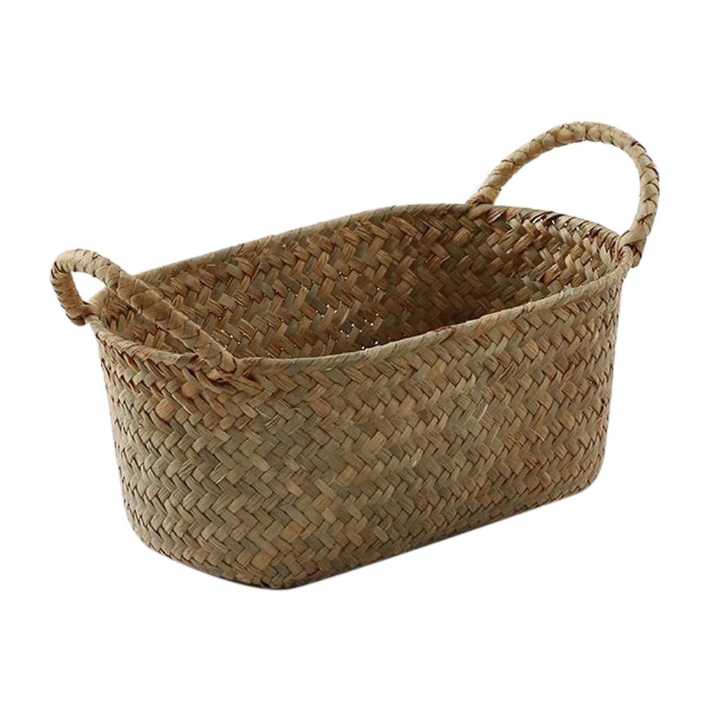 Handmade Woven Storage Basket Straw Food Container Makeup Organizer Rattan Breadfruit Case Holder(S,24X15X9cm)