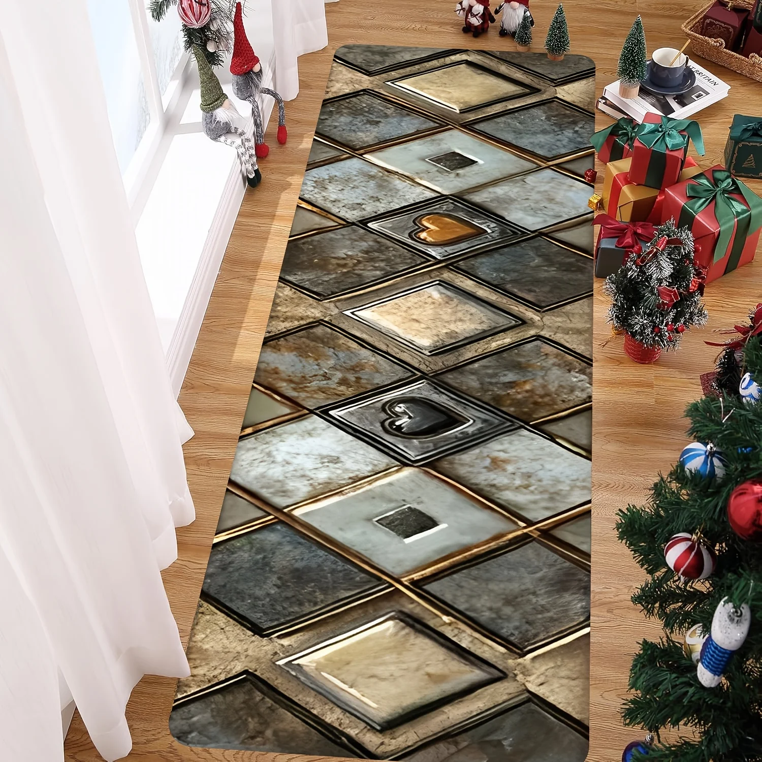 Modern 3D Diamond Plaid Kitchen Rug Vintage Metal Block Runner Mat Love Heart Mid Century Hallway Entrance Accent Home Decor
