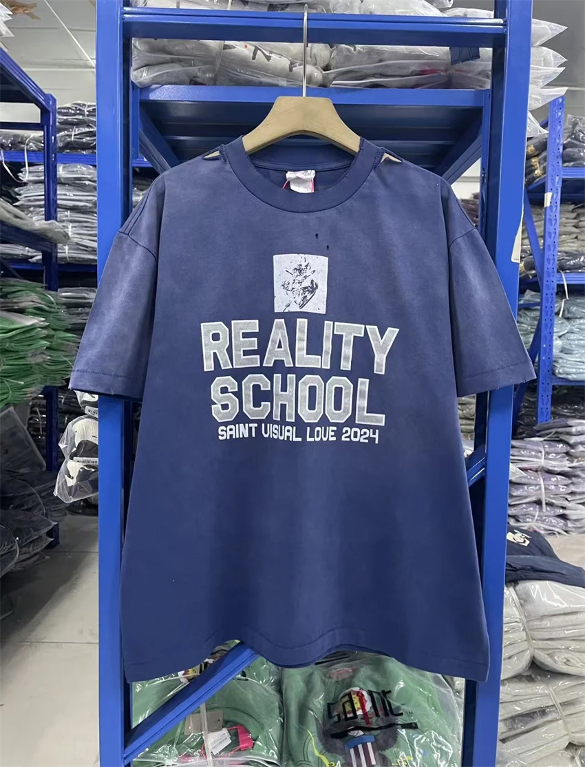 

New SAINT LOGO Letter Pattern Printed Washed Retro Distressed Short Sleeved High Street Casual Trendy Cotton Round Neck T-shirt