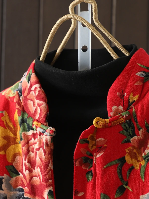 Hiver femmes ethnique Sle coton lin Jaet col montant bouton avant coupe ample manteau Thiened Long Sve imprimé fleuri