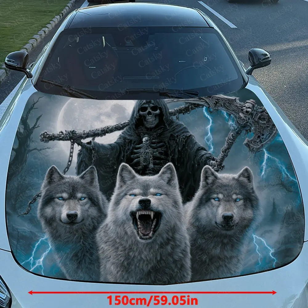 Death And The Wolf Pack Car Hood Sticker, Premium Vinyl Sticker For Automotive Exterior Customization, Durable PVC Vinyl Wrap