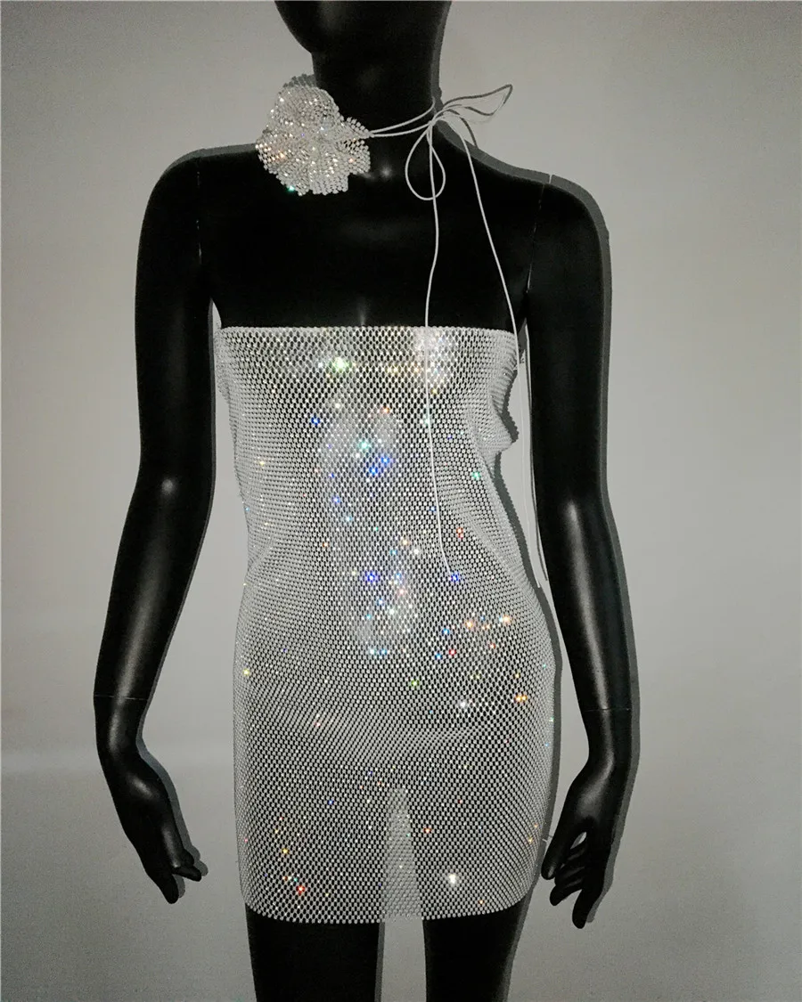 Women Strapless Dress With Flower Choker Glitter Rhinestone See Through  Hollow Mini Dress Rave Party Nightclub Evening Dresses