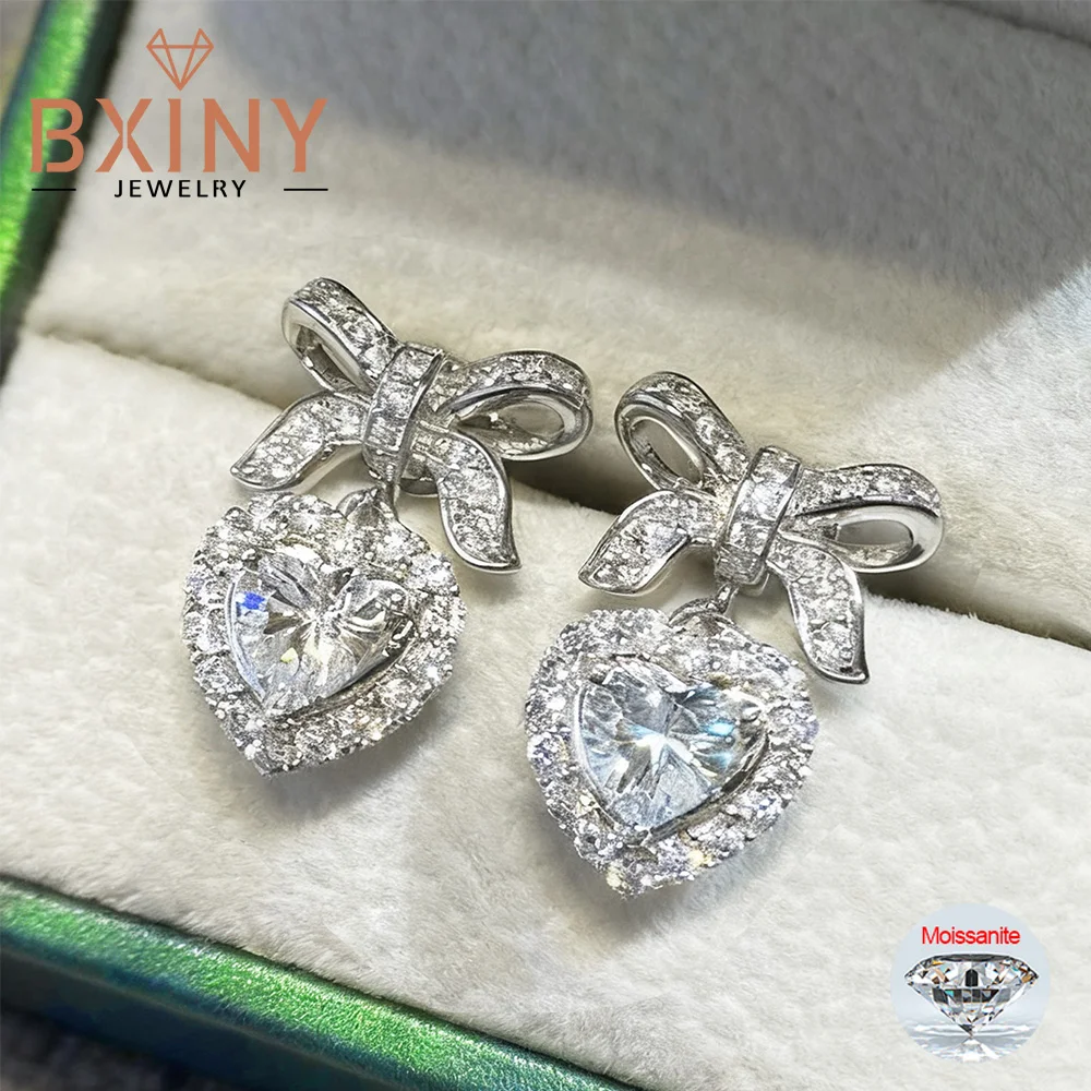 

BXINY 5 мм серьги-капли с муассанитом в форме сердца, стерлинговое серебро 925 пробы, сертифицированные лабораторные серьги-гвоздики с бантом и бриллиантами для женщин, подарок, ювелирные изделия