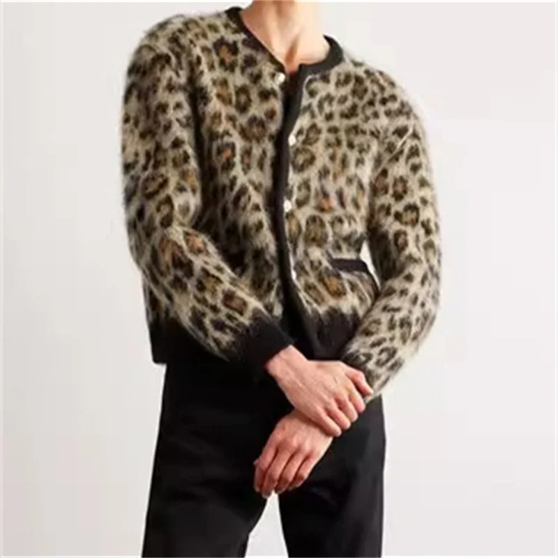 Cardigan feminino 2024 inverno novo botão de metal decoração manga comprida topo mohair mistura leopardo impressão malhas y2k camisola feminina