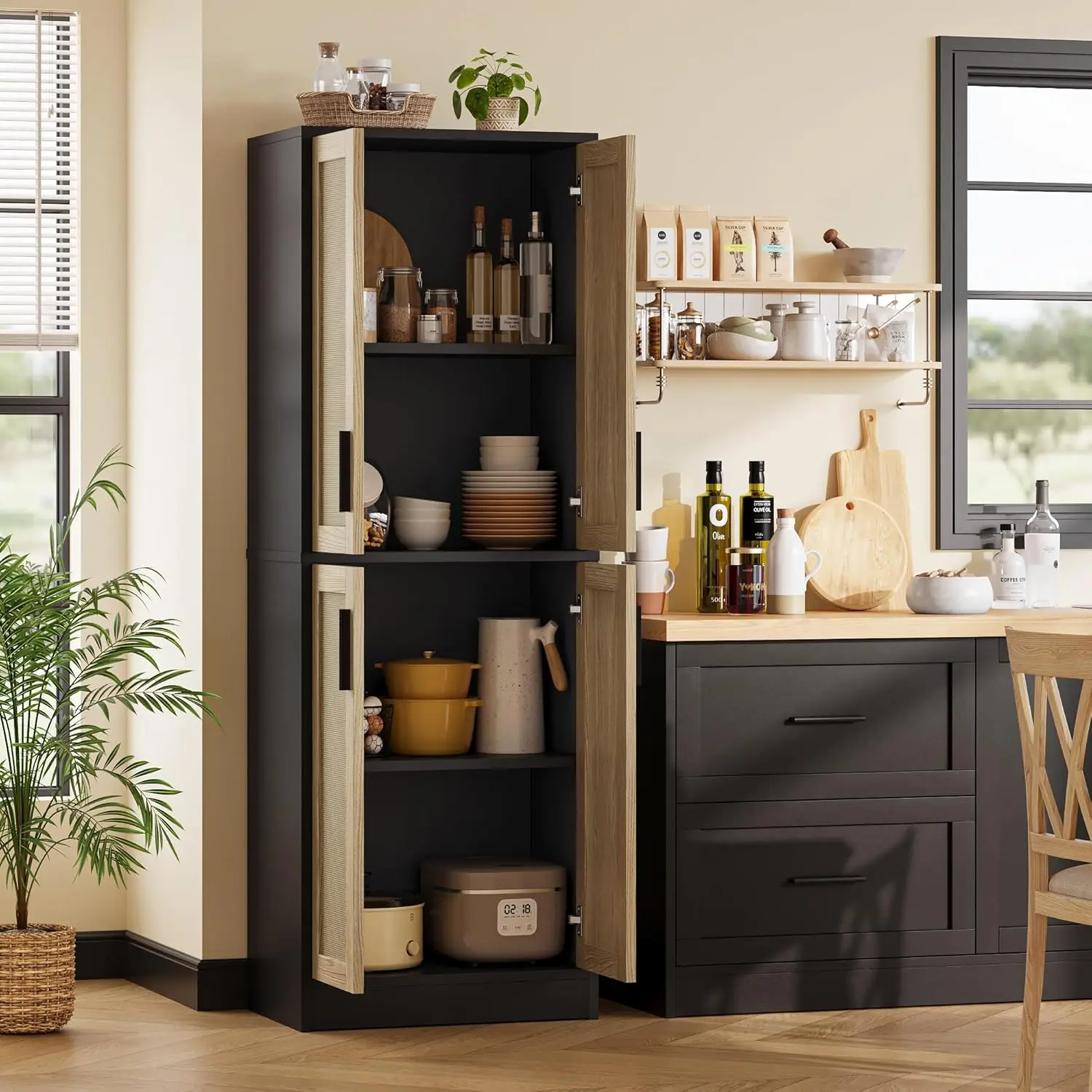 Kitchen , Rattan Cabinet with 4 Doors and Adjustable Shelves, Tall Black Cabinet Freestanding Storage  shelf decor  home