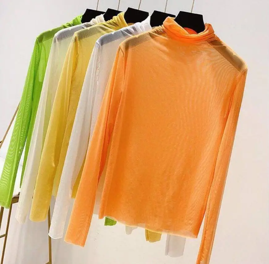 Neon Shirt for Women Long Sleeve Stand Collar Sheer Top Yellow Gold Mesh Blouse Sexy Party Club Streetwear Hip Hop Tee Tops