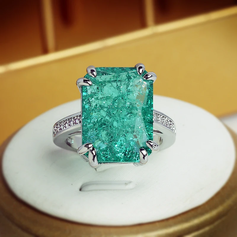 NEW Trend Paraiba Ice Flower Rectangular Full Diamond Couple Ring For Women Girl Emerald Geometry Engagement Bridal Gift Jewelry