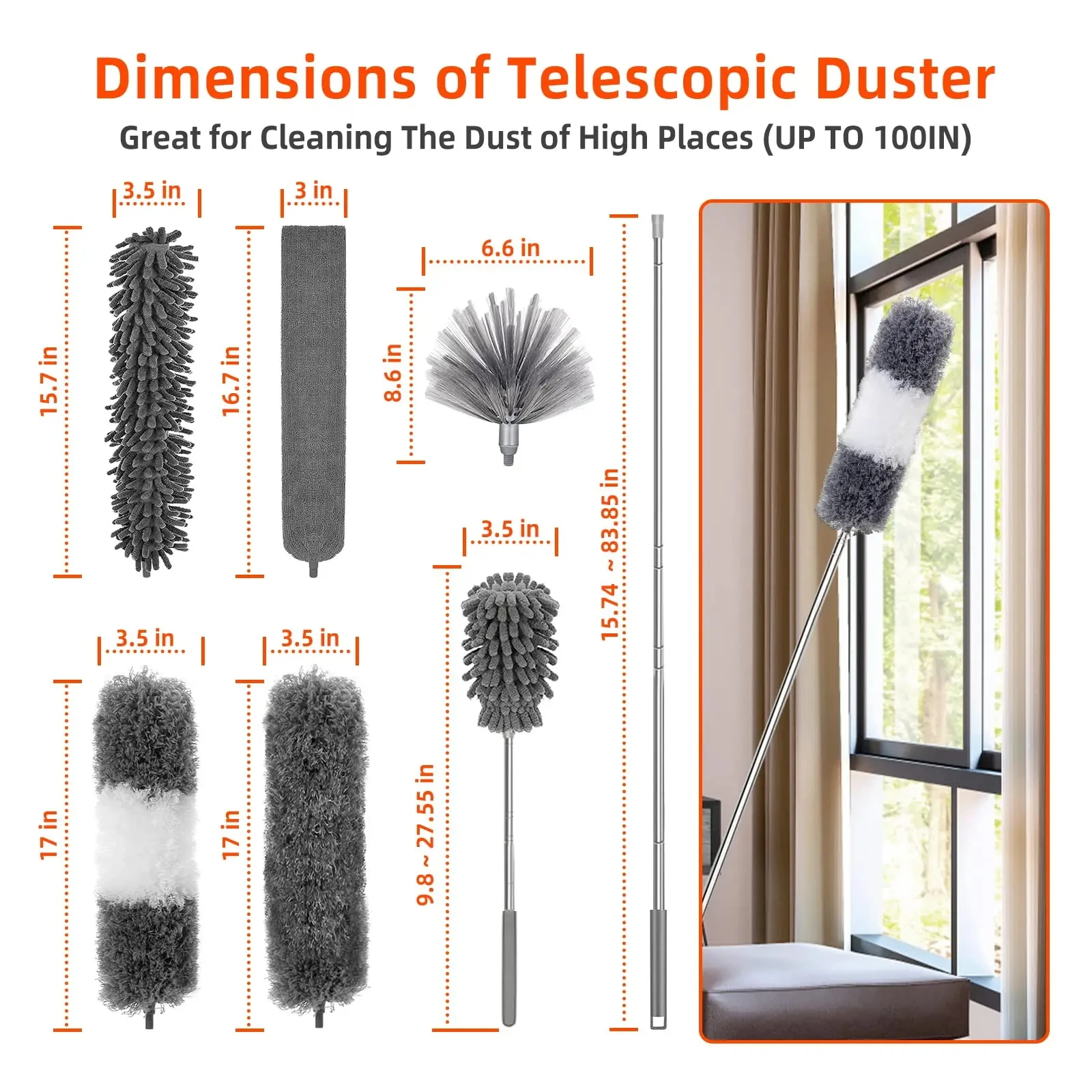 2.5m Extendable Stainless Steel Telescopic Rod Cleaning Duster Ceiling Sofa Car Dust Cleaner Floor Gap Brush Home Household Tool