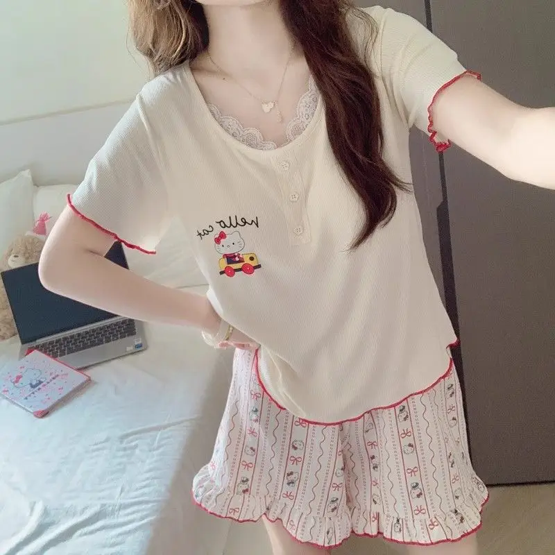 

Милые пижамные комплекты Sanrio Hello Kitty, летняя женская одежда, шорты-неглиже, одежда для сна с короткими рукавами, ночная одежда в стиле аниме, домашняя одежда