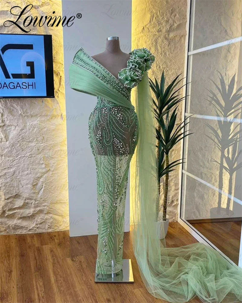 Green Crystals Evening Dress 2024 Haute Couture Mermaid Gorgerous Prom Dresses For Wedding Annversary Aso Ebi Engagement Gowns