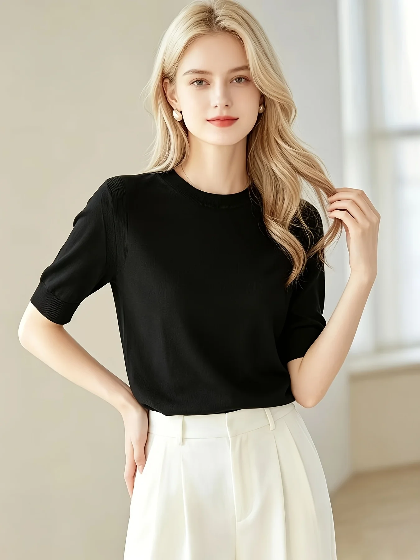 New Arrival High‑Grade Irregular Fake Two‑Piece Knit Top, Fashion Loose Unique Blouse With Puff Sleeves & Cotton Splicing