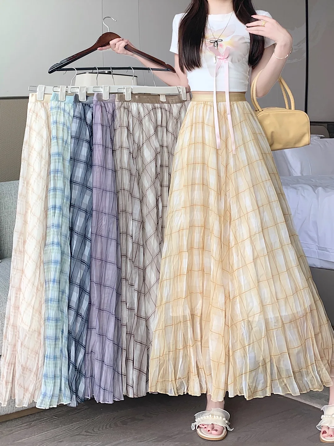 

Летняя женская юбка миди из шифона в клетку с эффектом драпировки, А-силуэт, в корейском стиле, для повседневной носки