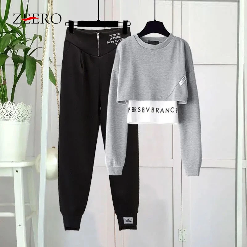 

Autumn Spring Casual Letter Tracksuit 2 Piece Sets Women Patchwork Crop Pullover Top Ankle-length Zip Sports Pants Set Outfits