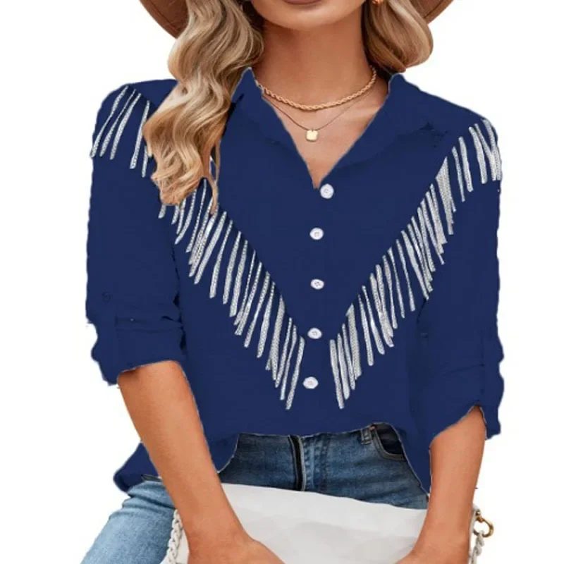 Women\'s Fashion Shiny Rhinestone Fringe Single Breasted Long Sleeve Casual Lapel Shirt Western Cowboy Country Concert Outfit