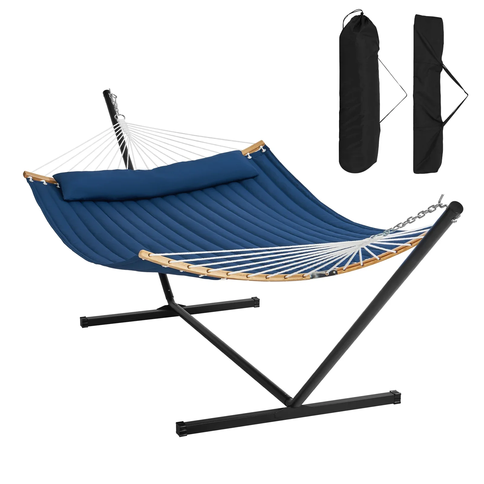 

Two Person Hammock with Stand Included Double Hammock with Curved Spreader Bar and Detachable Pillow and Portable Bag