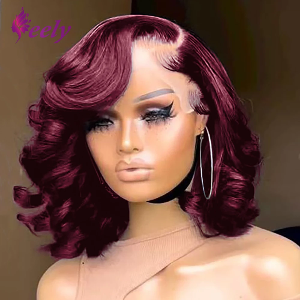 

Короткий парик из натуральных волос Body Wave, цвет 99J бургунди, с прозрачной кружевной вставкой 13x4, 100% натуральные волосы, 10-16 дюймов, свободная волна, для женщин