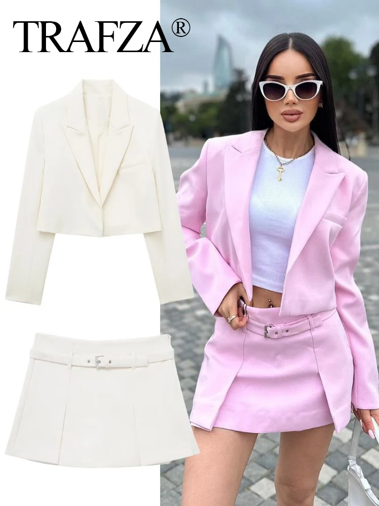 TRAFZA Women Casual Blazer Skirt Set Solid Thin Long Sleeve Top+Zipper Belt Fold Mini Skirt Shorts 2024 Office Lady 2 Piece Sets