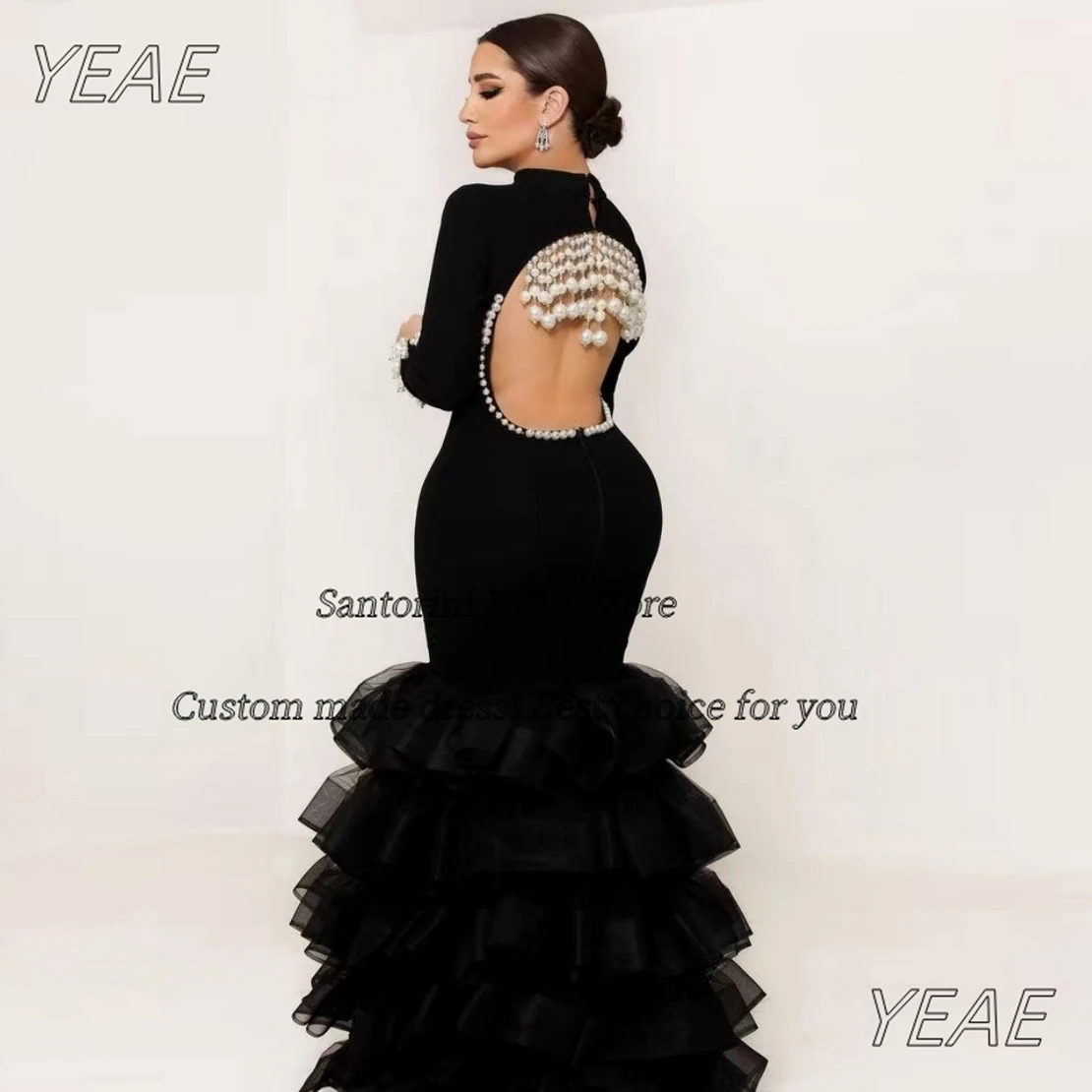 Santorini Black Prom Dresses High Collar Beading Backless Robe Des Marrige Long Sleeves Tiered Evening Party Bespoke Dress