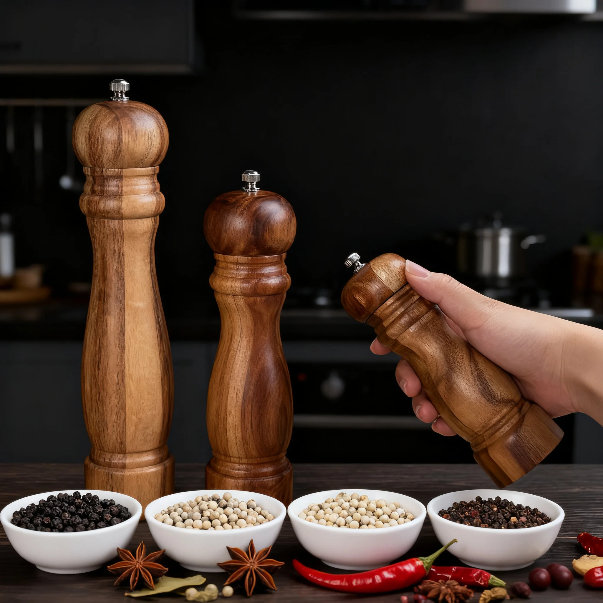 Hey Lilac Manuelle Pfeffer- und Salzmühle aus massivem Holz mit natürlicher Holzmaserung im Retro-Stil